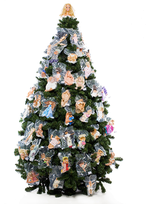 Installation of a Christmas tree decorated with vacuum pack dolls entitled Christmas Forever by -visual artist photographer Julianne Rose - 2010