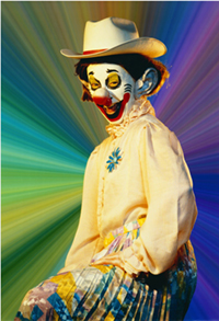 Self portrait photograph from the "Clowns" series by visual artist Cindy Sherman